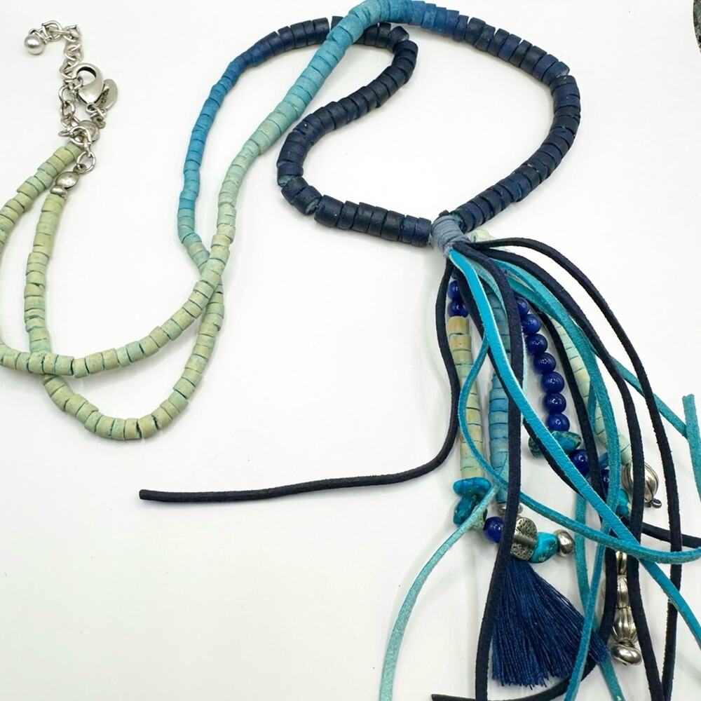 Chicos's Ombre Necklace Blue Tassel Coastal Cowgirl Long Beads Beaded 35” long